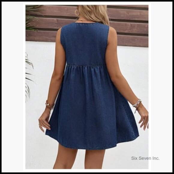 Maternity Denim Dress Sleeveless Tie Front Flowy Short Casual Sundress - Picture 3 of 5
